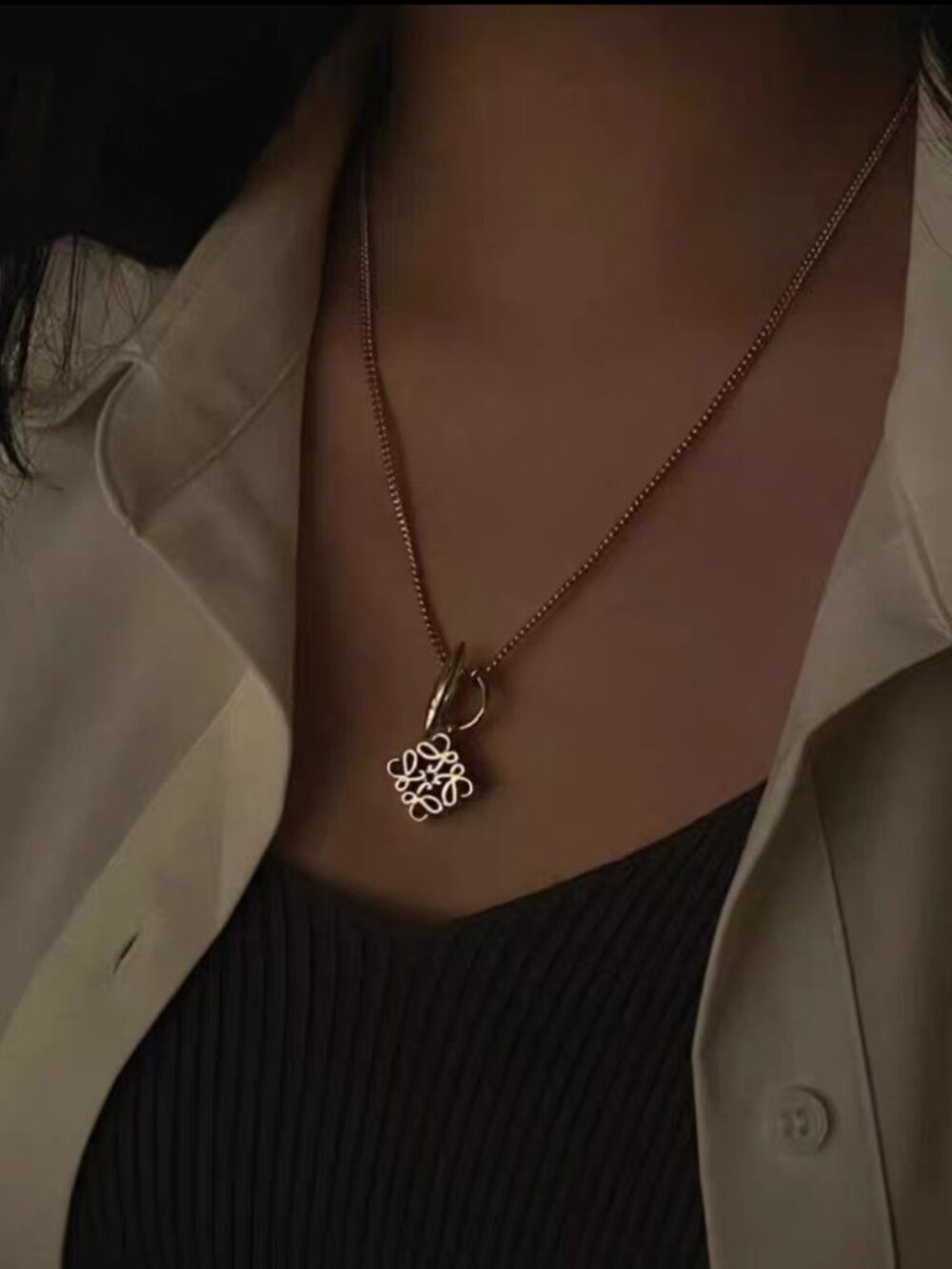 Loewe Gold Anagram Charm Necklace Double Pendant Logo Chain